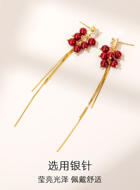 耳坠流苏银耳饰女红色耳环