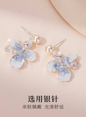蓝色花朵耳钉耳饰女独特漂亮耳环
