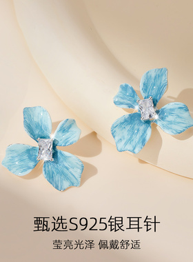 蓝花耳钉纯银耳饰女耳环