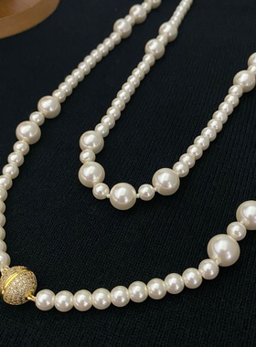 新款仿施家高亮正圆珍珠毛衣链女高级感长款时尚百搭轻奢多层