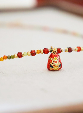 新中式彩色锆石印钞鸡滴油串珠项链女百搭高级感简约小众轻