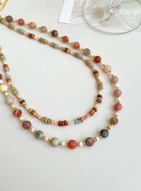 ins度假风复古多巴胺天然石叠戴项链女百搭高级感小众简约锁骨链