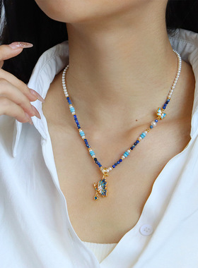 新中式仿施家珍珠串珠蝴蝶项链百搭高级感精致轻奢气质滴油锁骨