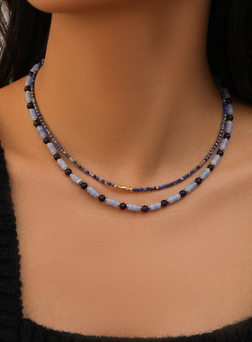 欧美ins新款复古青金石彩色串珠项链女百搭高级感简约时尚锁骨链