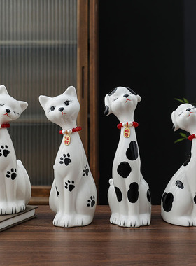轻奢斑点猫狗陶瓷摆件一对招财