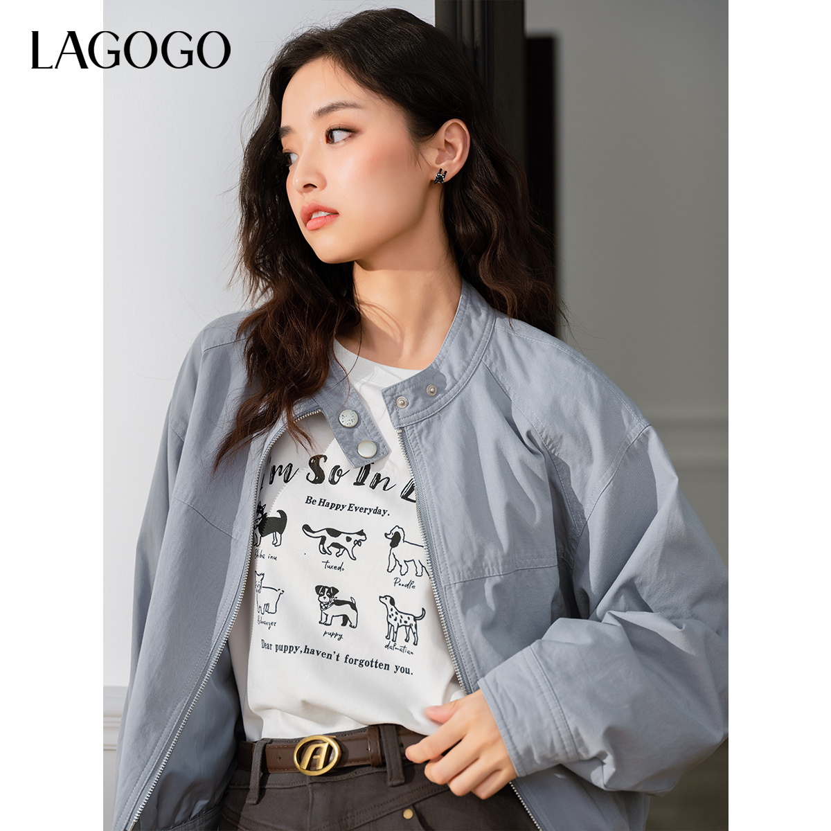 LAGOGO浅蓝立领短外套女拉谷谷2025秋冬新款小个子户外穿搭夹克衫 - 图1