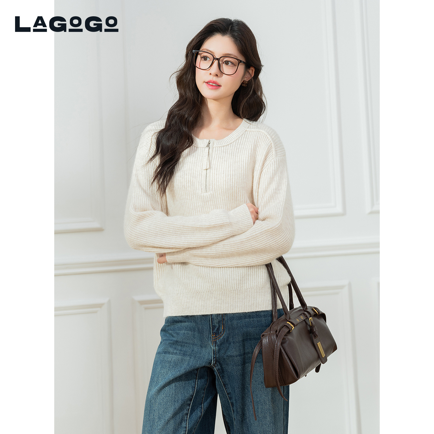 LAGOGO亮丝松弛感毛衣女拉谷谷2025冬新款含兔毛针织衫OCMM439K23 - 图3