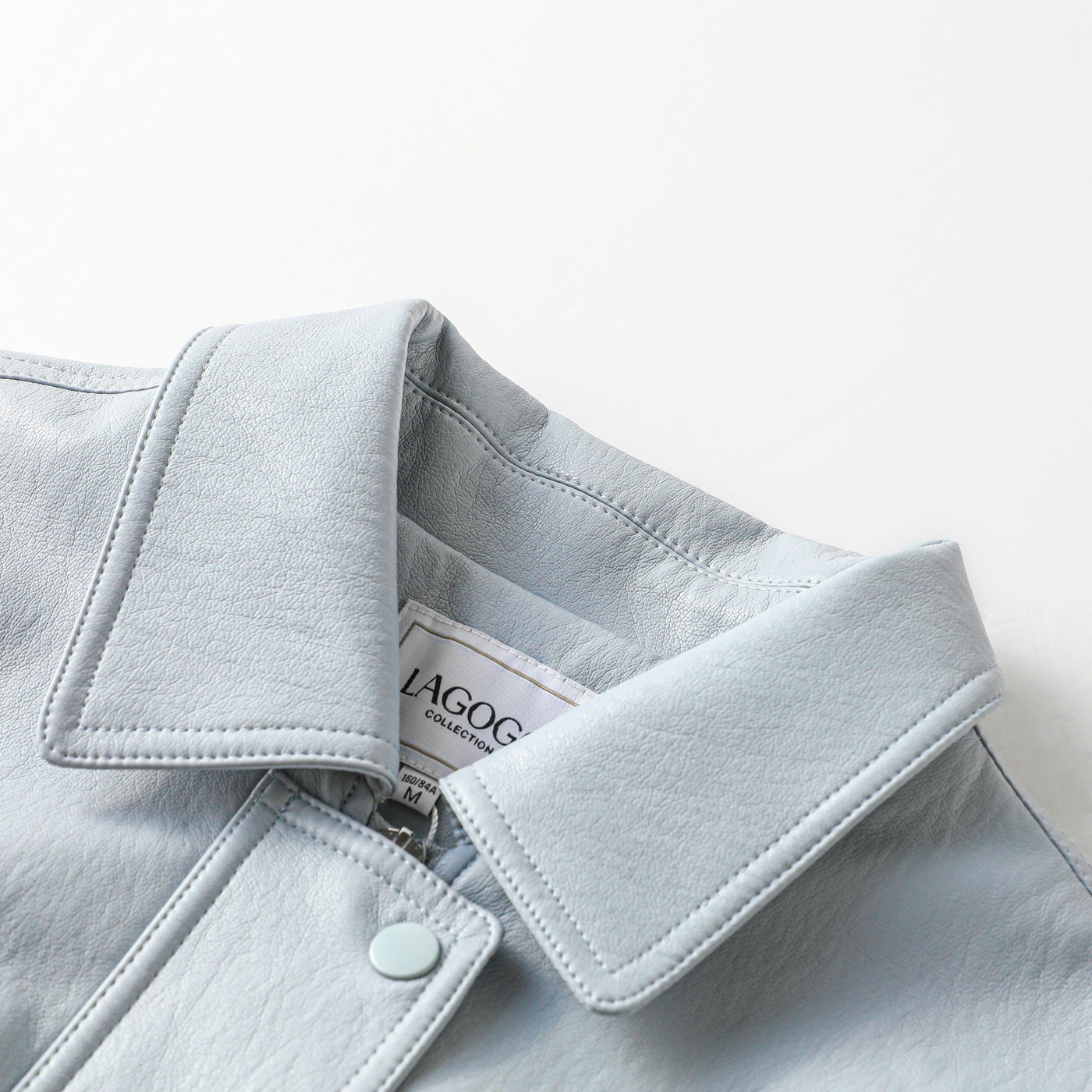 LAGOGO雾蓝格隅浅蓝色柔软PU皮衣女拉谷谷2026春新款舒适翻领外套,淘宝优惠券,粉丝福利购,淘宝优惠卷