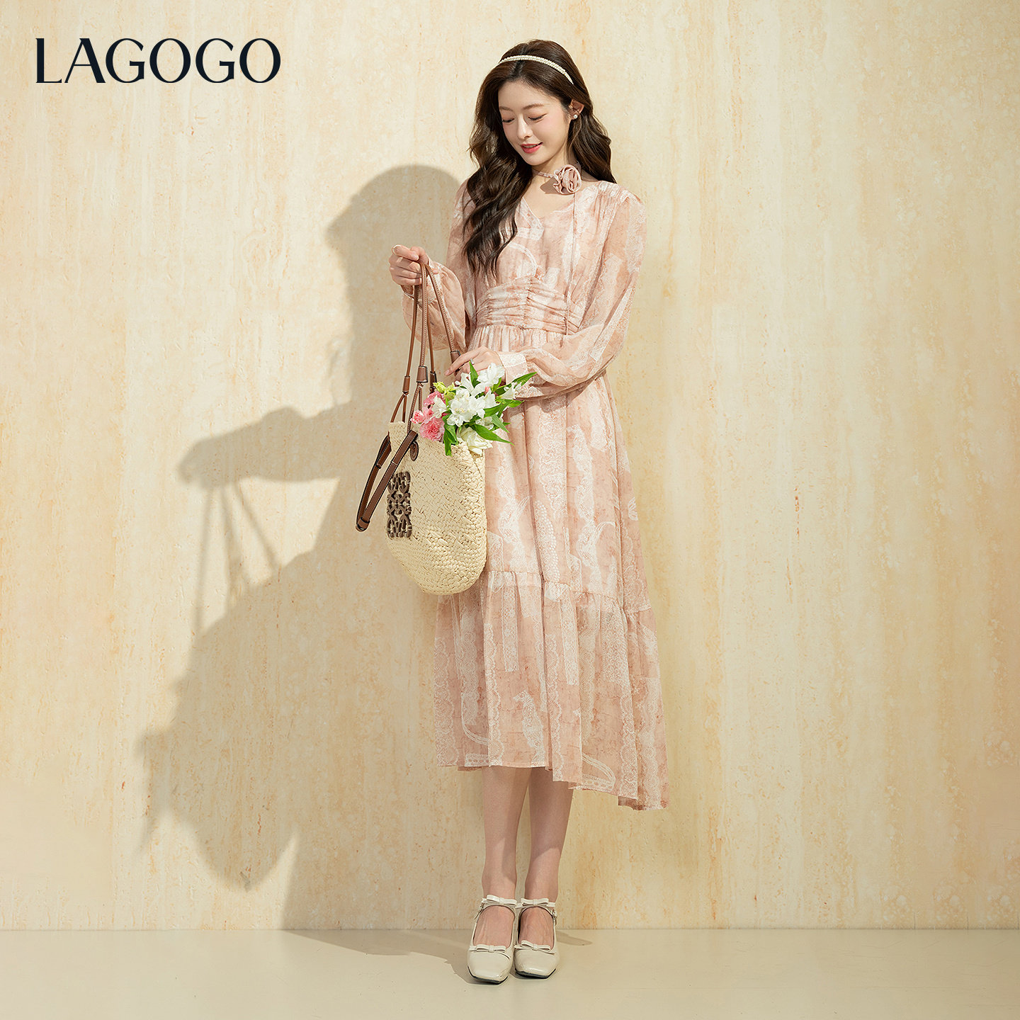 LAGOGO浪漫蔷薇雪纺连衣裙女拉谷谷2026春新款蕾丝印花温柔气质裙,淘宝优惠券,粉丝福利购,淘宝优惠卷