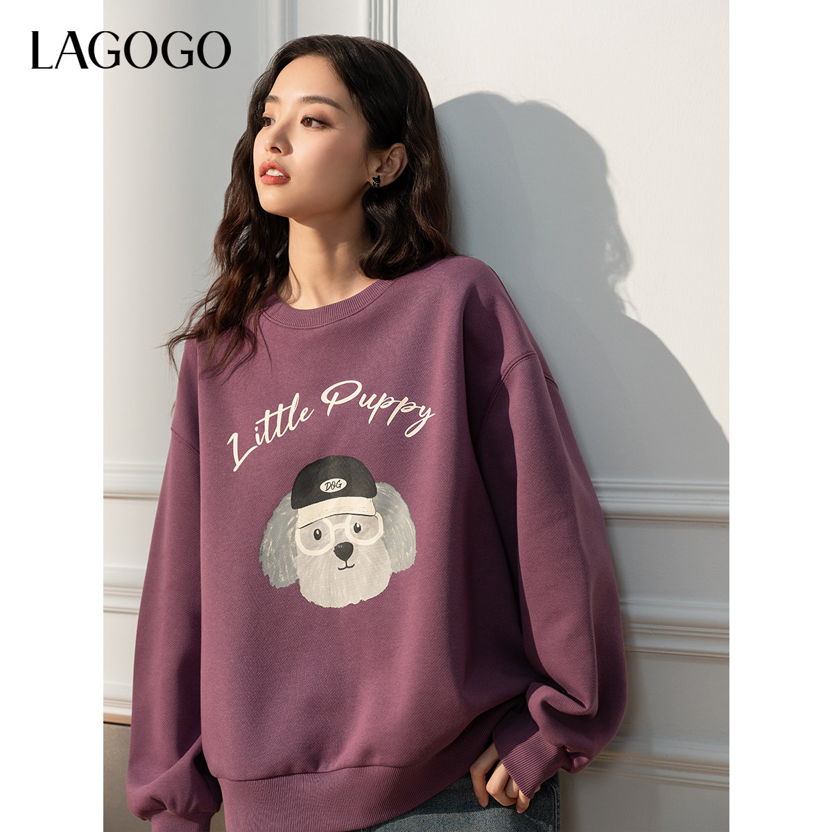 LAGOGO卡通减龄宽松紫色针织卫衣女拉谷谷2025秋冬新款好看上衣,淘宝优惠券,粉丝福利购,淘宝优惠卷