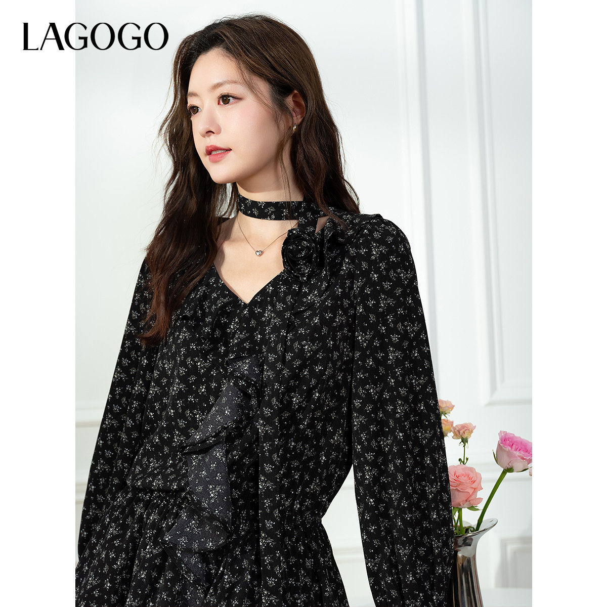 LAGOGO收腰显瘦碎花连衣裙女拉谷谷2025秋冬季新款长袖仙气雪纺裙,淘宝优惠券,粉丝福利购,淘宝优惠卷