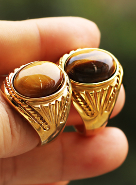 男士钛钢复古虎眼石戒指转运18K