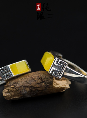 纯银方形复古琥珀蜜蜡情侣对戒