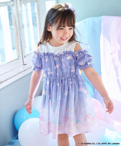 日本anyfam AF联名双子星女童装彩虹印花卡通露肩连衣裙短袖夏装 - 图0