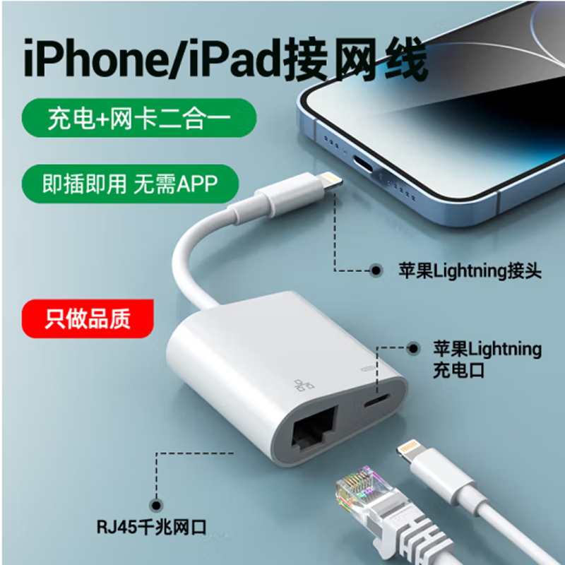 毕亚兹 适用于苹果手机lightning转千兆网口转换器 iPad平板连接千兆网卡iPhone转RJ45网线接口游戏直播ZH191 - 图1