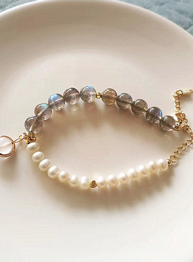 天然灰月光石拉长石手链女款珍珠手串蓝月光石滴流配饰原创气质