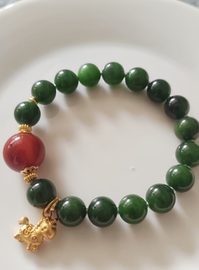 俄料红皮老料和田碧玉辣菠菜绿手串南红玛瑙手链饰品礼物气质高级