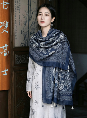 中式夏季薄款旅行防晒夏季腰果花流行披肩围巾百搭气质女披肩