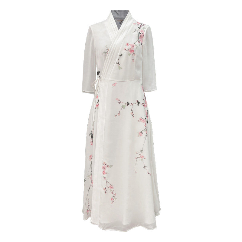 新中式夏季桑蚕丝精致印花长裙国风系带V领轻薄舒适透气女连衣裙,淘宝优惠券,粉丝福利购,淘宝优惠卷