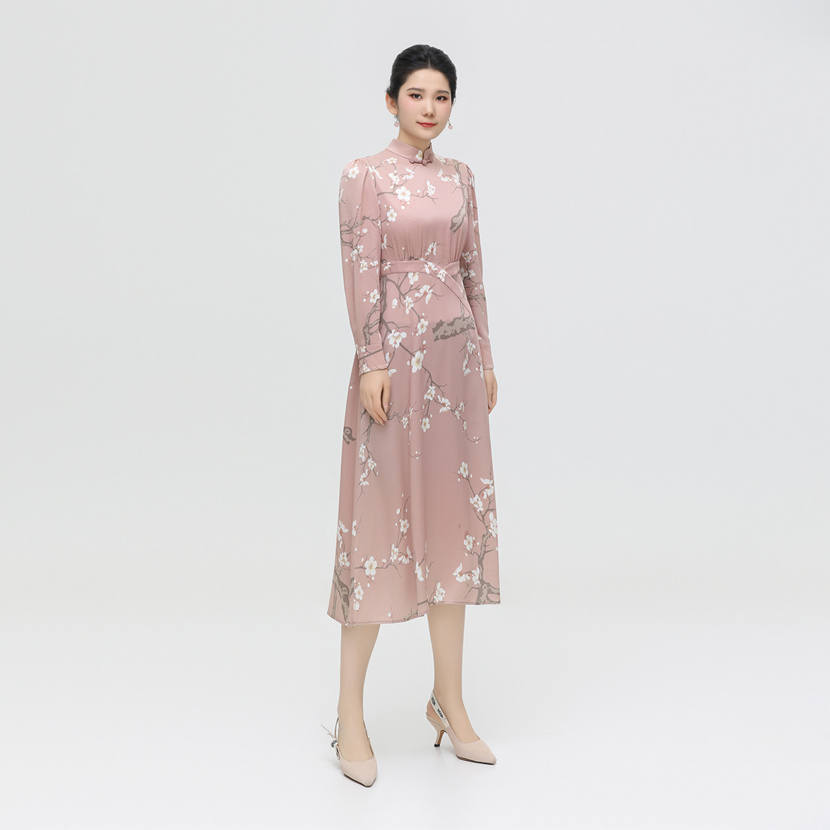 浒城古娘新款醋酸粉色印花复古优雅长袖新中式国风连衣裙女款春秋,淘宝优惠券,粉丝福利购,淘宝优惠卷