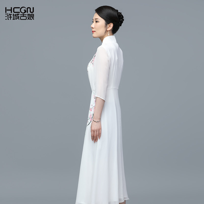 新中式夏季桑蚕丝精致印花长裙国风系带V领轻薄舒适透气女连衣裙,淘宝优惠券,粉丝福利购,淘宝优惠卷