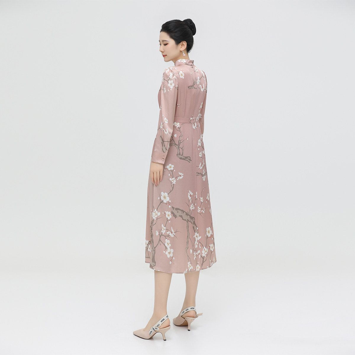 浒城古娘新款醋酸粉色印花复古优雅长袖新中式国风连衣裙女款春秋,淘宝优惠券,粉丝福利购,淘宝优惠卷