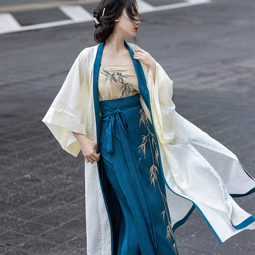 拟梦竹语国风原创宋制旋裙三件套长干寺天丝提花刺绣竹子日常汉服 - 图1