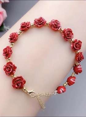 天然朱砂玫瑰花吊坠锁骨链保平安