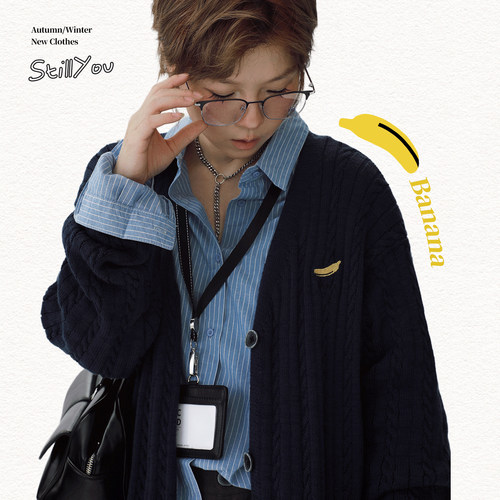 STILLYOU复古慵懒小刺绣V领麻花针织开衫男女同款百搭毛衣外套春 - 图1