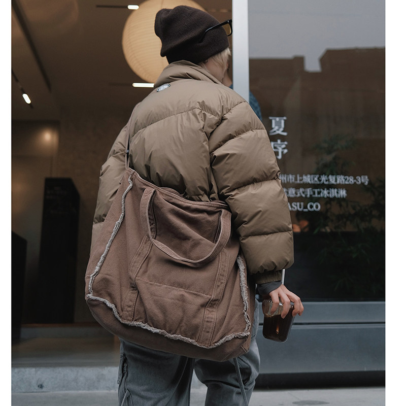 废风破碎感水洗个性毛边大容量工装百搭帆布托特包单肩手提斜挎包,淘宝优惠券,粉丝福利购,淘宝优惠卷