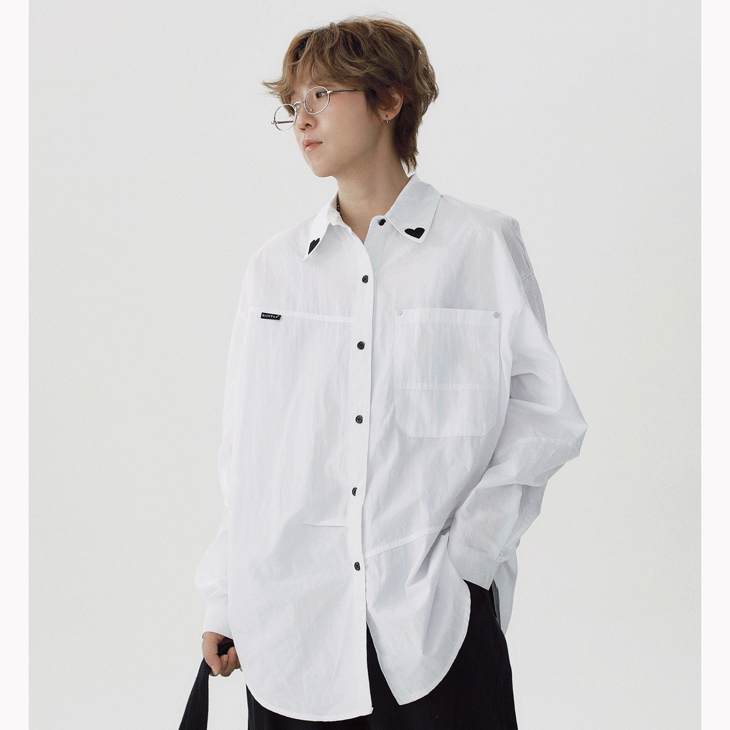 STILLYOU简约中性百搭工装分割线长袖衬衫宽黑白松爱心刺绣领衬衣,淘宝优惠券,粉丝福利购,淘宝优惠卷