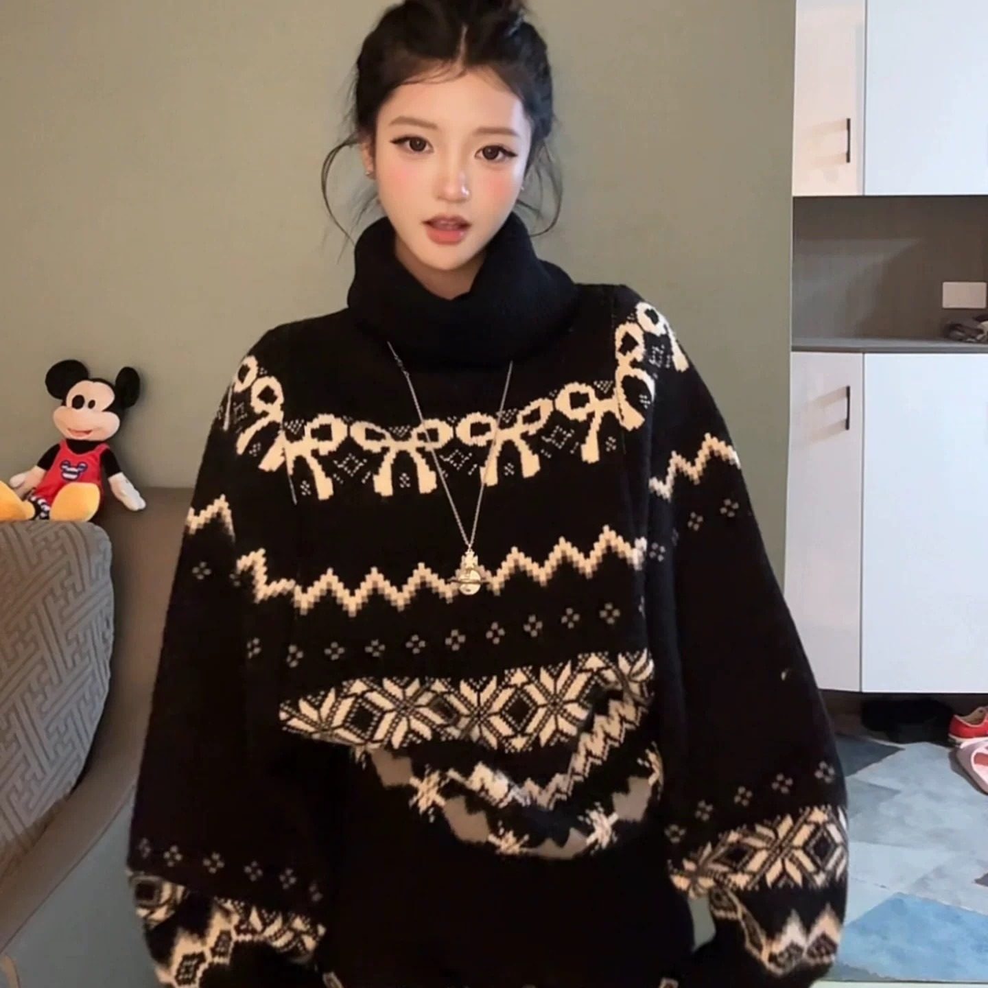 休闲套装女秋冬季巨好看黑色费尔岛高领针织衫毛衣外套短裤两件套,淘宝优惠券,粉丝福利购,淘宝优惠卷