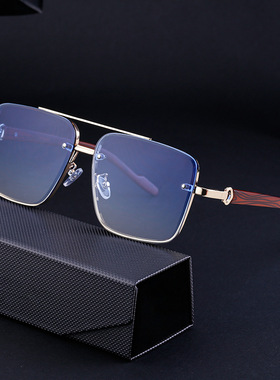 方框切边墨镜男商务木纹太阳镜