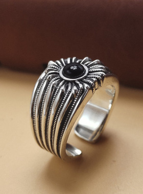 千叶戒指泰银欧美风男女百搭个性小众复古镶嵌黑玛瑙抽象饰品指环