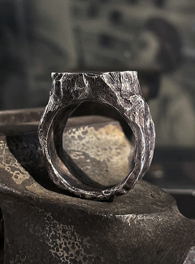 七尚原创设计《顽石》手工银开口戒指粗犷岩石复古游牧风重磅潮男