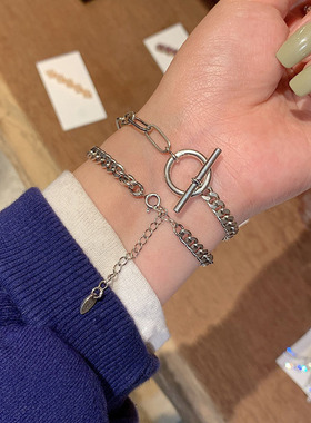 925银韩国复古小熊链条手链女个性简约双环圆环坦克链朋克手饰品