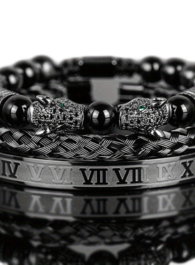男士黑色双豹子头编织手链不锈钢罗马数字手链套装欧美复古风