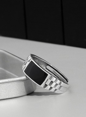 复古棋盘格戒指男潮流个性男士单身戒时尚冷淡风黑色滴胶开口指环