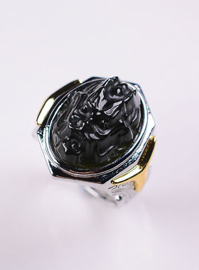 天然和田玉青玉雕刻龙头男戒925镶嵌简单大方活口可调节玉石指环