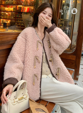 潮牌粉色短款颗粒绒羊羔毛外套女