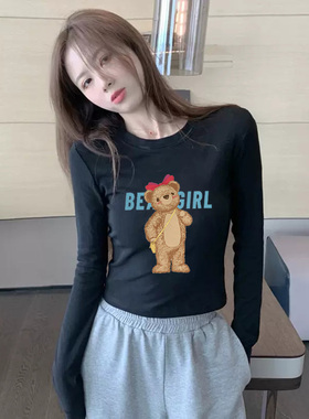 印花短款纯棉打底衫女装长袖t恤