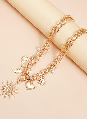 Norns欧美复古民族风太阳花项链女多元素月亮爱心金属双层项链