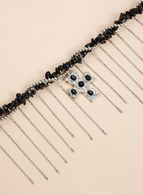 Norns欧美暗黑地雷十字架项链嘻哈摇滚辣妹风黑色石头流苏项饰