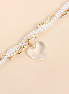 Norns欧美透明通透仿白水晶爱心仿珍珠轻奢复古麻花缠绕金属项链