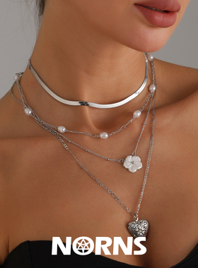 Norns欧美小香风小百花优雅爱心相片盒花朵蛇链锁骨链仿珍珠项链