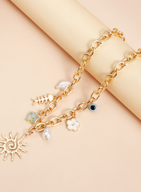 Norns波西米亚设计太阳花项链鱼骨花朵爱心多元素短款项饰锁骨链