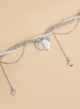 Norns欧美未来赛博轻奢时尚月亮芒星流苏锁骨链玻璃米珠串珠项链