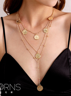 嘻哈风硬币吊坠多层次金属锁骨链