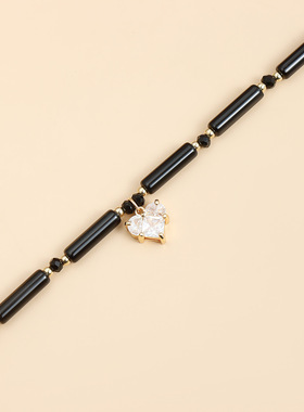 Norns欧美轻奢时尚圆柱黑色玻璃米珠锆石爱心拼接锁骨链项链