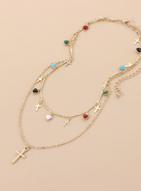 欧美滴釉爱心宝石流苏十字架吊坠